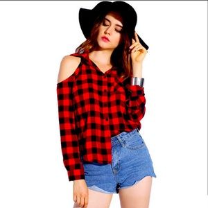 Buffalo Plaid Cold Shoulder Button Up